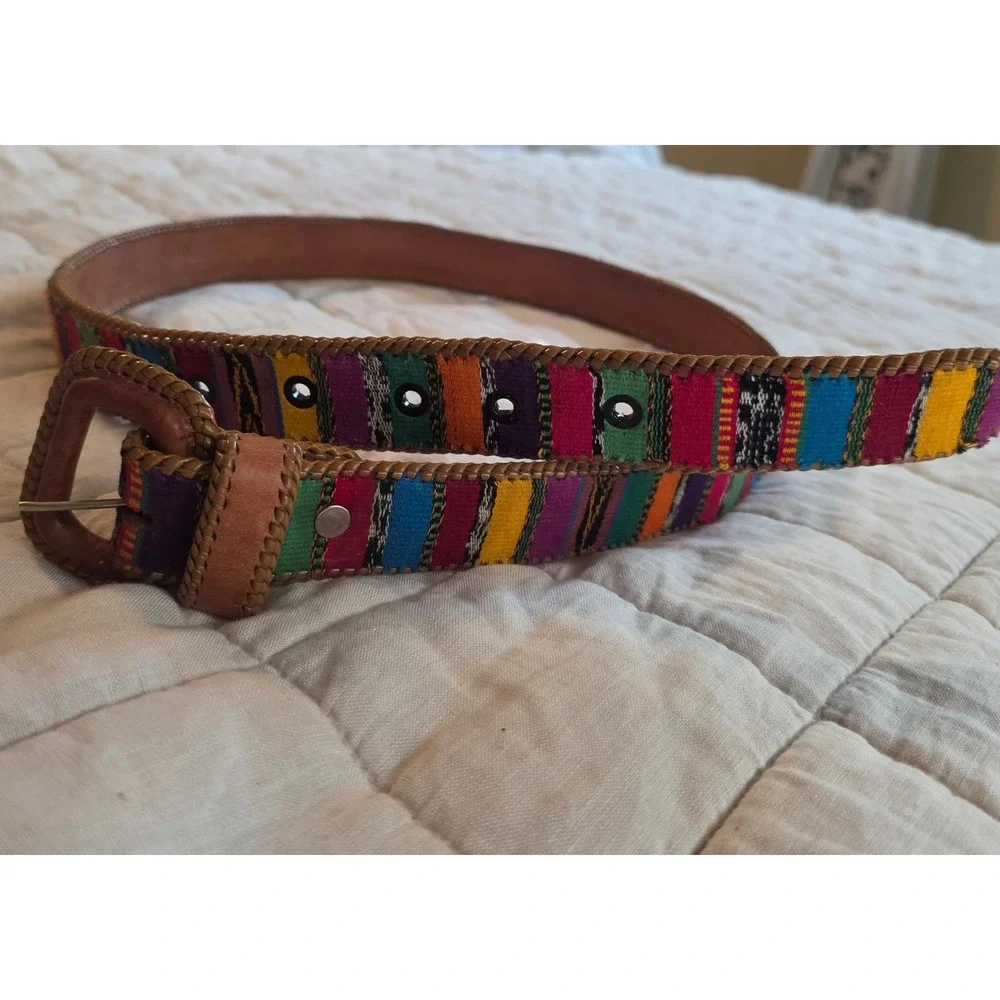 Colorblock Woven Textile Belt Unisex 38 Multicolor Boho Leather Trim